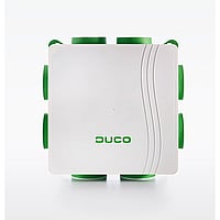 Duco DucoBox Focus RF Wired 230 VAC mechanische ventilatiebox met randaarde stekker 48 x 48 x 19,4 cm, wit/groen