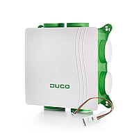 Duco DucoBox Silent RF 230 VAC mechanische ventilatiebox met ingebouwde vochtsensor en randaardestekker 48 x 48 x 19,4 cm, wit/groen