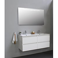 Sub Online flatpack onderkast met porseleinen wastafel 2 kraangaten met spiegel met geintegreerde LED verlichting 120x55x46cm, hoogglans wit
