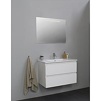 Sub Online flatpack onderkast met porseleinen wastafel 1 kraangat met spiegel met geintegreerde LED verlichting 80x55x46cm, hoogglans wit