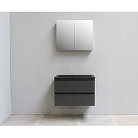 Sub Online onderkast met acryl wastafel slate structuur zonder kraangaten met 2 deurs spiegelkast grijs 80x55x46cm, mat antraciet