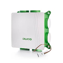 Duco DucoBox Silent RF 230 VAC mechanische ventilatiebox met ingebouwde vochtsensor en randaardestekker 48 x 48 x 19,4 cm, wit/groen