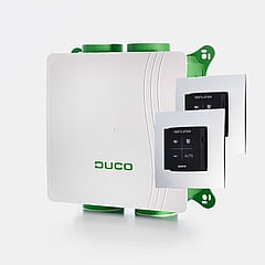 Duco DucoBox Silent All-in-one pakket inclusief DucoBox Silent Standaard, CO2 ruimtesensor en bedieningsschakelaar 48 x 48 x 19,4 cm, wit/groen