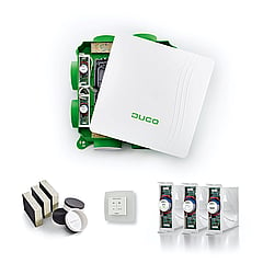 Duco DucoBox Focus All-in-one pakket inclusief DucoBox Focus, 2 CO2 regelkleppen, vochtregelklep, bedieningsschakelaar en Silent Plus Pakket 48 x 48 x 19,4 cm, wit/groen
