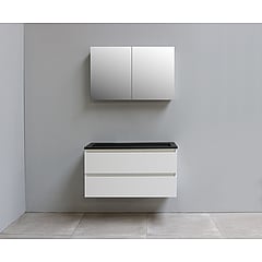 Sub Online flatpack onderkast met acryl wastafel slate structuur zonder kraangaten met 2 deurs spiegelkast grijs 100x55x46cm, hoogglans wit