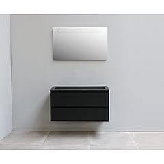 Sub Online flatpack onderkast met acryl wastafel slate structuur zonder kraangaten met spiegel met geintegreerde LED verlichting 100x55x46cm, mat zwart
