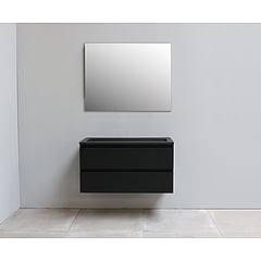 Sub Online flatpack onderkast met acryl wastafel slate structuur zonder kraangaten met spiegel 100x55x46cm, mat zwart