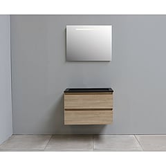 Sub Online flatpack onderkast met acryl wastafel slate structuur zonder kraangaten met spiegel met geintegreerde LED verlichting 80x55x46cm, eiken