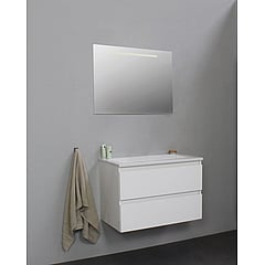 Sub Online flatpack onderkast met acryl wastafel zonder kraangaten met spiegel met geintegreerde LED verlichting 80x55x46cm, hoogglans wit