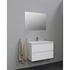 Sub Online flatpack onderkast met acryl wastafel 1 kraangat met spiegel met geintegreerde LED verlichting 80x55x46cm, hoogglans wit