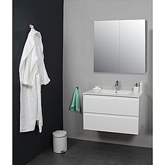 Sub Online flatpack onderkast met porseleinen wastafel 1 kraangat met 2 deurs spiegelkast grijs 80x55x46cm, hoogglans wit