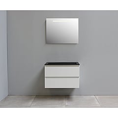 Sub Online flatpack onderkast met acryl wastafel slate structuur zonder kraangaten met spiegel met geintegreerde LED verlichting 80x55x46cm, hoogglans wit