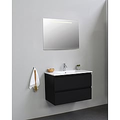 Sub Online flatpack onderkast met porseleinen wastafel 1 kraangat met spiegel met geintegreerde LED verlichting 80x55x46cm, mat zwart