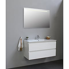 Sub Online onderkast met porseleinen wastafel 1 kraangat met spiegel met geintegreerde LED verlichting 100x55x46cm, hoogglans wit
