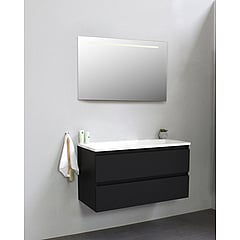 Sub Online onderkast met acryl wastafel zonder kraangaten met spiegel met geintegreerde LED verlichting 100x55x46cm, mat zwart