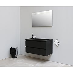 Sub Online onderkast met acryl wastafel slate structuur zonder kraangaten met spiegel met geintegreerde LED verlichting 100x55x46cm, mat zwart