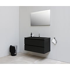 Sub Online onderkast met acryl wastafel slate structuur 1 kraangat met spiegel met geintegreerde LED verlichting 100x55x46cm, mat zwart