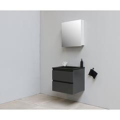 Sub Online onderkast met acryl wastafel slate structuur zonder kraangaten met 1 deurs spiegelkast grijs 60x55x46cm, mat antraciet