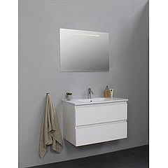 Sub Online onderkast met porseleinen wastafel 1 kraangat met spiegel met geintegreerde LED verlichting 80x55x46cm, hoogglans wit