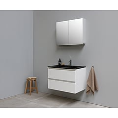 Sub Online onderkast met acryl wastafel slate structuur 1 kraangat met 2 deurs spiegelkast grijs 80x55x46cm, hoogglans wit