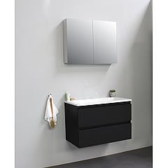 Sub Online onderkast met acryl wastafel zonder kraangaten met 2 deurs spiegelkast grijs 80x55x46cm, mat zwart