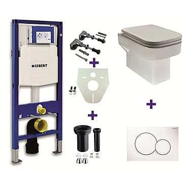 Toiletset Geberit UP320 Duofix + Wiesbaden Carré hangend toilet met zitting + Geberit Sigma01 bedieningsplaat, wit