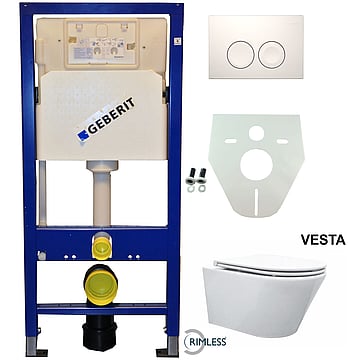 Toiletset Geberit UP100 Duofix + Wiesbaden Vesta rimless hangend toilet met Flatline 2.0 zitting + Geberit Delta21 bedieningsplaat, wit